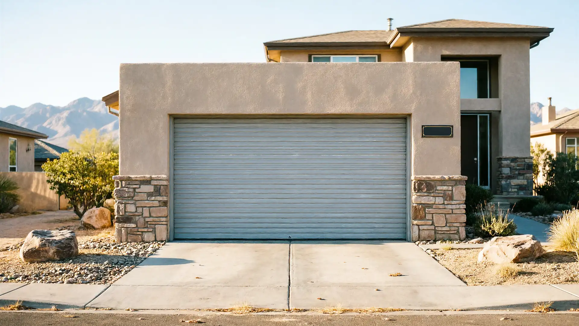 The house has a closed gray garage door and a stone facade.