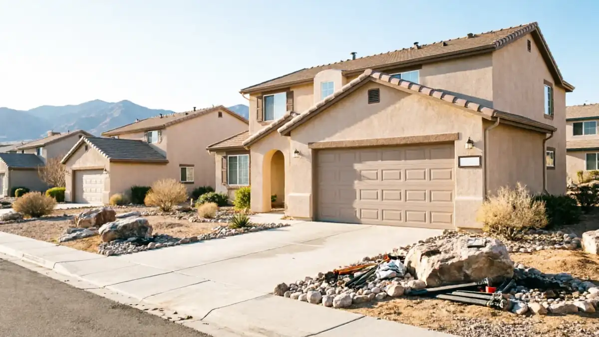 The house has a tan garage door and a desert-style front yard.