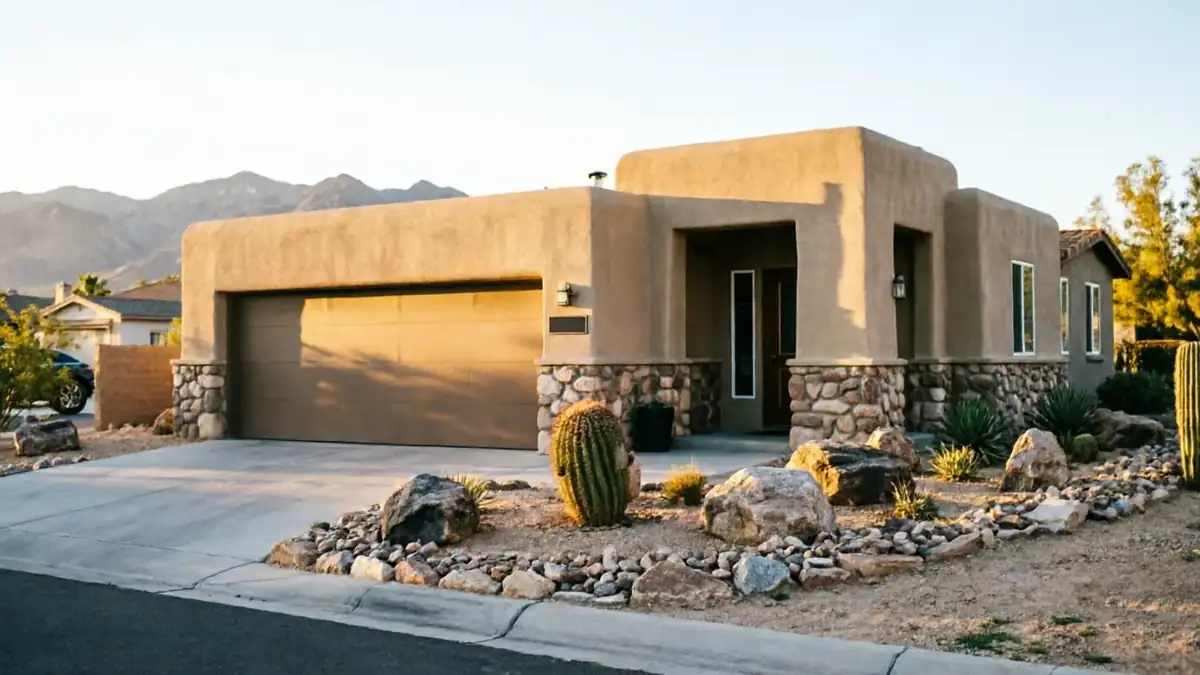 A tan stucco house with a brown garage door and stone accents.