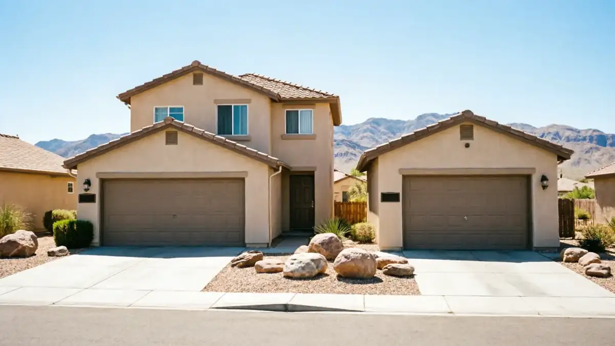 A two-story house with an attached garage and a detached garage.