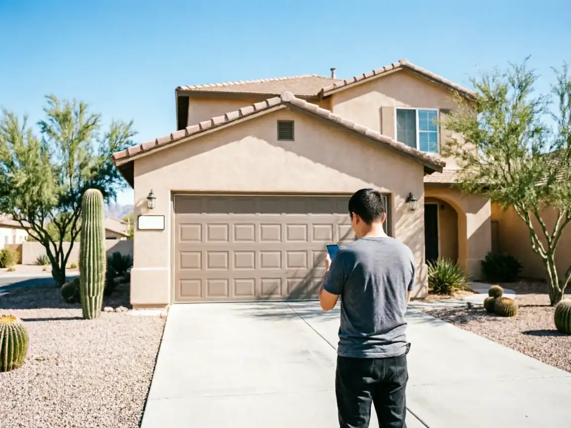 A man stands in a driveway, looking at his phone, facing a closed garage door.