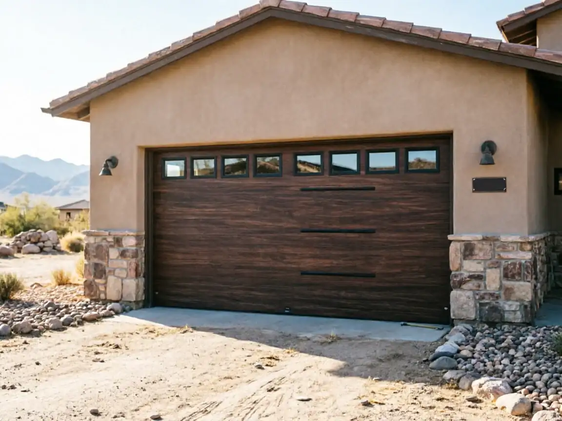 A brown garage door with windows and decorative hardware on a stucco house.