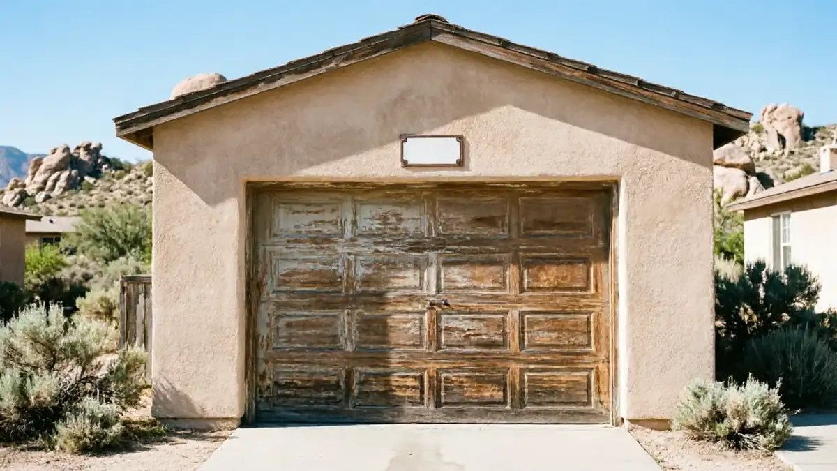 A stucco garage with a weathered wooden garage door and a blank sign above it.
