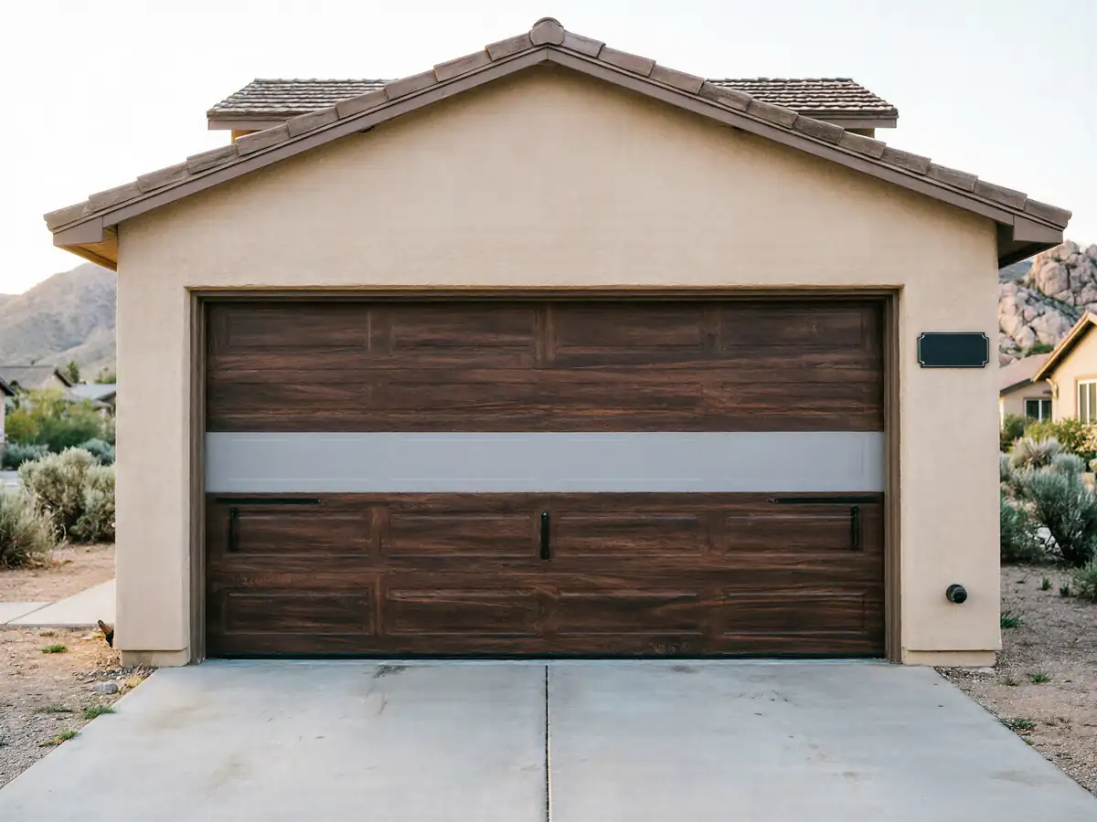 A brown garage door with a light gray horizontal stripe on a tan house.